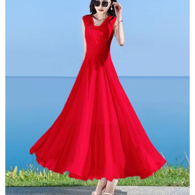 美品 レッドヴァレンティノ シフォン ノースリーブ リボン ロングワンピース 赤 美品 レッドヴァレンティノ シフォン ノースリーブ リボン