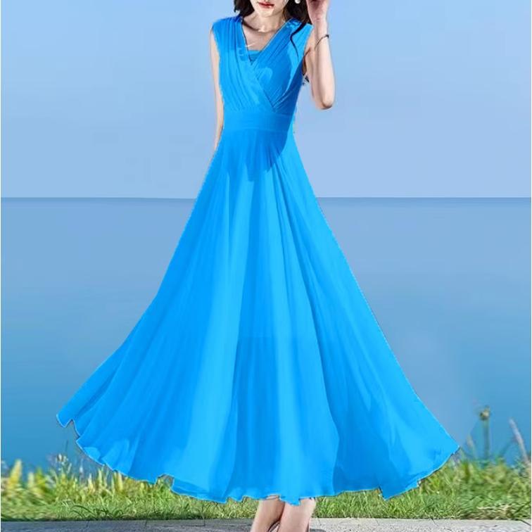 シフォンワンピース ノースリーブ 水色 ワンピース 夏 マキシ丈