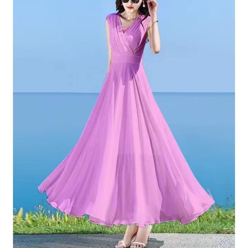 シフォンワンピース ノースリーブ 水色 ワンピース 夏 マキシ丈