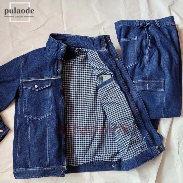 デニム 作業服 上下セット 厚手 綿 多ポケット 作業着 オールシーズン