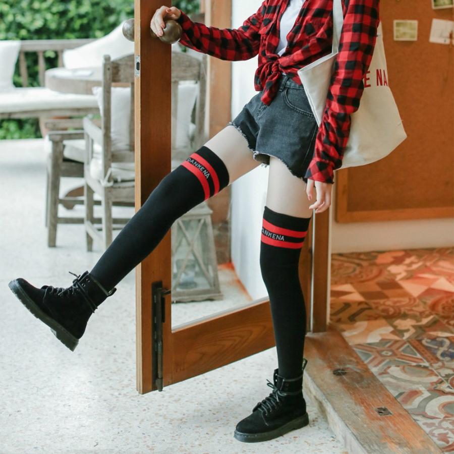 ニーハイソックス レディース 秋冬 コットン 全2色 ブラック/ホワイト