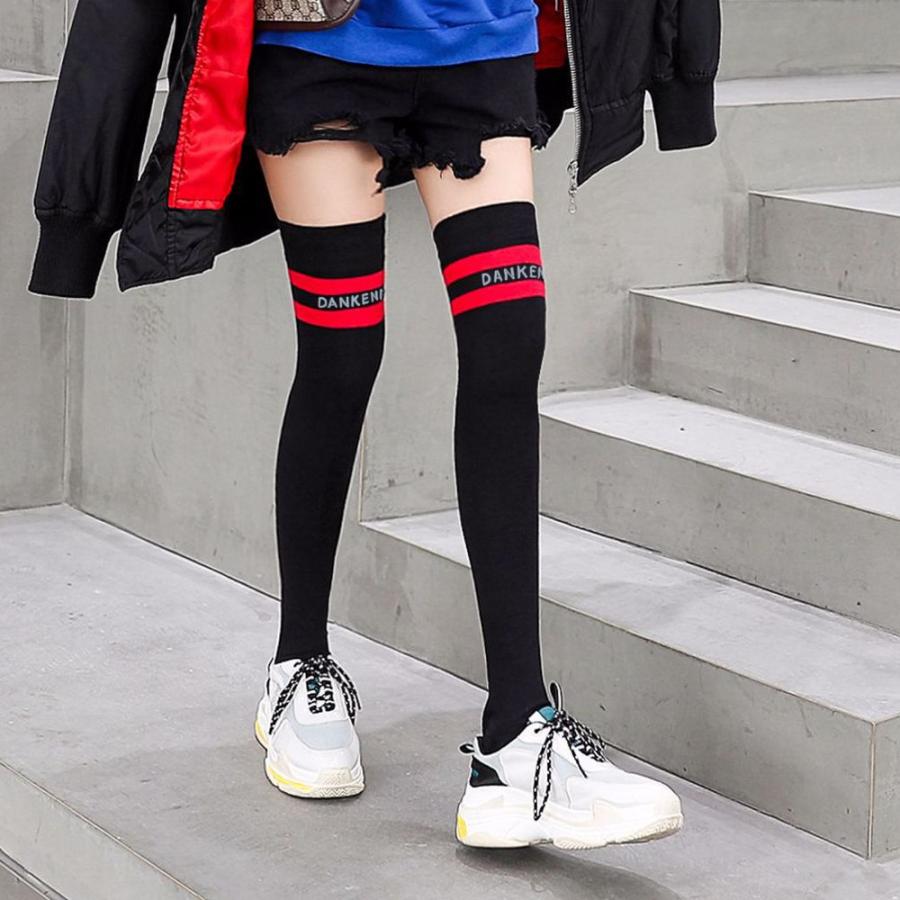 ニーハイソックス レディース 秋冬 コットン 全2色 ブラック/ホワイト