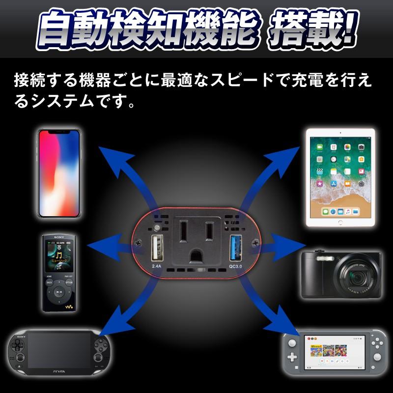 インバーター 12v 100v 車 シガーソケット コンセント Qc3 0 Dc Ac カーインバーター 150w Ac 電源 変換 車載充電器 Usb 2ポート 急速充電 充電器 おすすめ Inv001 Rd ホビナビ 通販 Yahoo ショッピング