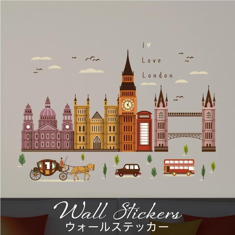 ウォールステッカー 北欧 イラスト 馬 馬車 木 英字 英文 鳥 時計 ロンドン 英国 童話 モダン 街 景色 風景 トイレ 大きい カフェ キッチンドア ホビナビ 通販 Paypayモール