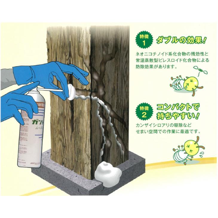 ガントナームースエアゾール 400ml ×6本セット ムースタイプ殺虫剤 シロアリ駆除 キクイムシ駆除 ムース 泡 カンザイシロアリ 蟻道 手軽 木部 木材 家具_2