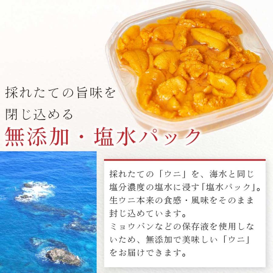 塩水うに 100gx3パック 北方四島産 送料無料 冷蔵配送 生うに バフン ウニ 生ウニ 雲丹 場外市場 無添加 塩水パック 母の日 プレゼント｜hokkaido-okada｜04