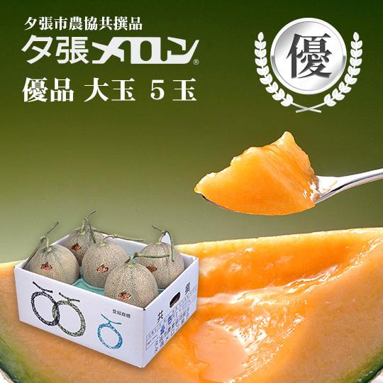 夕張市農協直送 共撰品 夕張メロン優品大玉(約1.6kg) 5玉1箱【送料無料】 北海道 お中元 贈答品 引出物 赤肉メロン お供え物 お盆 名物｜hokkaidogb