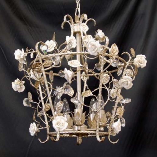 シャンデリア 5灯 シルバー ホワイトローズ チェーン吊り下げ フラワー