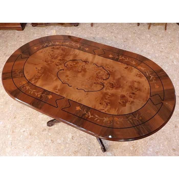 お盆セール！ オーバルテーブル 花柄の象嵌装飾 ウォールナット イタリア ダイニングテーブル 160cm幅 4人用 象嵌 レジーナ