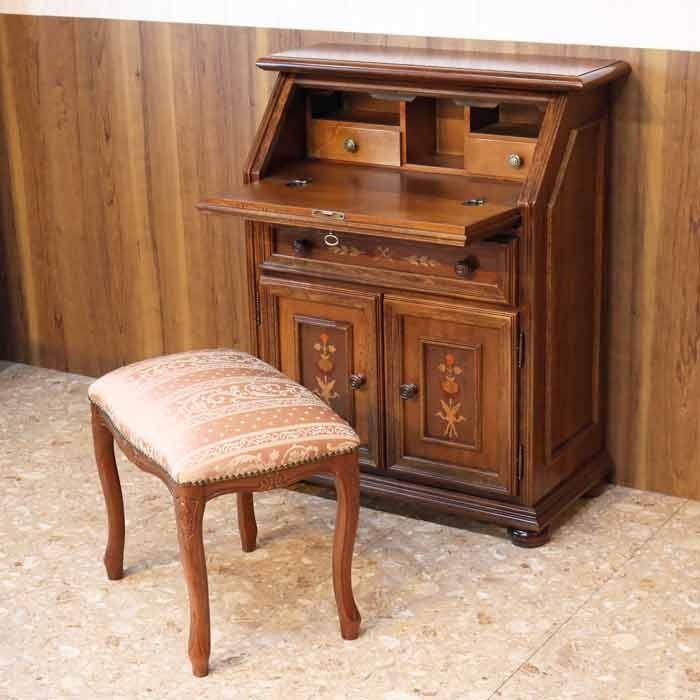 イタリア デスク ライティング ビューロー 2ドア 茶 象嵌 丸脚 完成品