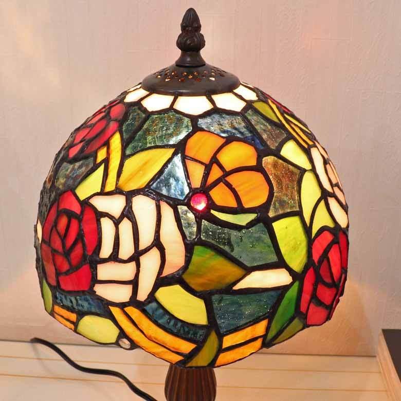 ステンドグラスランプ 薔薇と蝶々 8インチ ティファニーランプ レトロ アンティーク クラシック テーブルランプ 照明 ランプ