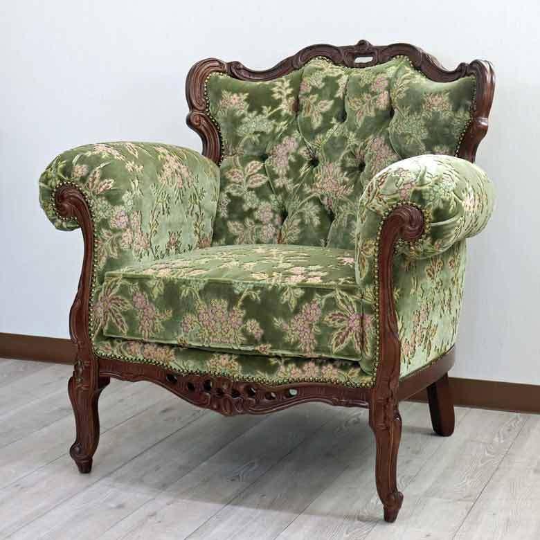 イタリア 1P ソファ 金華山 グリーン アンティーク イタリア家具 イタリア 1P ソファ 金華山 グリーン アンティーク イタリア家具
