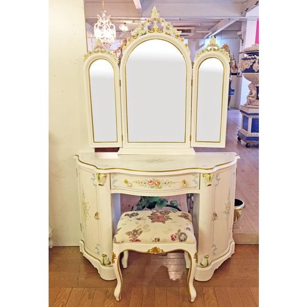ロココ調家具 ドレッサー 三面鏡 イス付き 白家具 アンティーク ロココ調家具 ドレッサー 三面鏡 イス付き 白家具 アンティーク