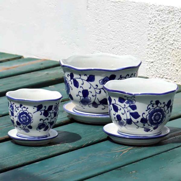 陶器 プランター 3点セット 底穴あり 染め付け 青花波口 3個セット