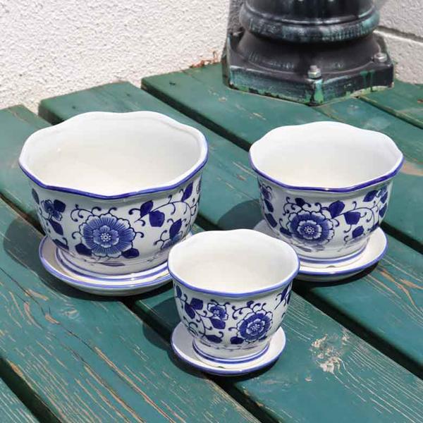 陶器 プランター 3点セット 底穴あり 染め付け 青花波口 3個セット