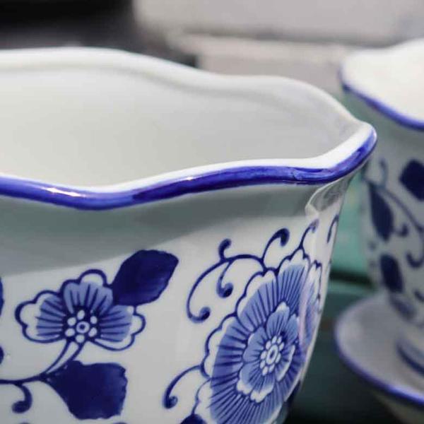 陶器 プランター 3点セット 底穴あり 染め付け 青花波口 3個セット