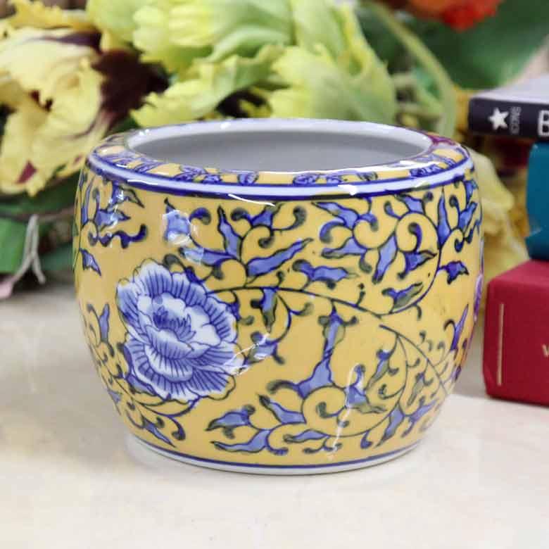 水鉢 黄色 花柄 5号 シノワズリ ミニ火鉢 鉢カバー プランター 水鉢 黄色 花柄 5号 シノワズリ ミニ火鉢 鉢カバー プランター