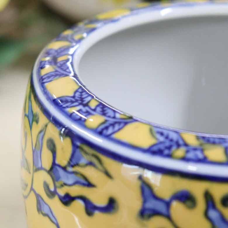 水鉢 黄色 花柄 5号 シノワズリ ミニ火鉢 鉢カバー プランター 水鉢 黄色 花柄 5号 シノワズリ ミニ火鉢 鉢カバー プランター