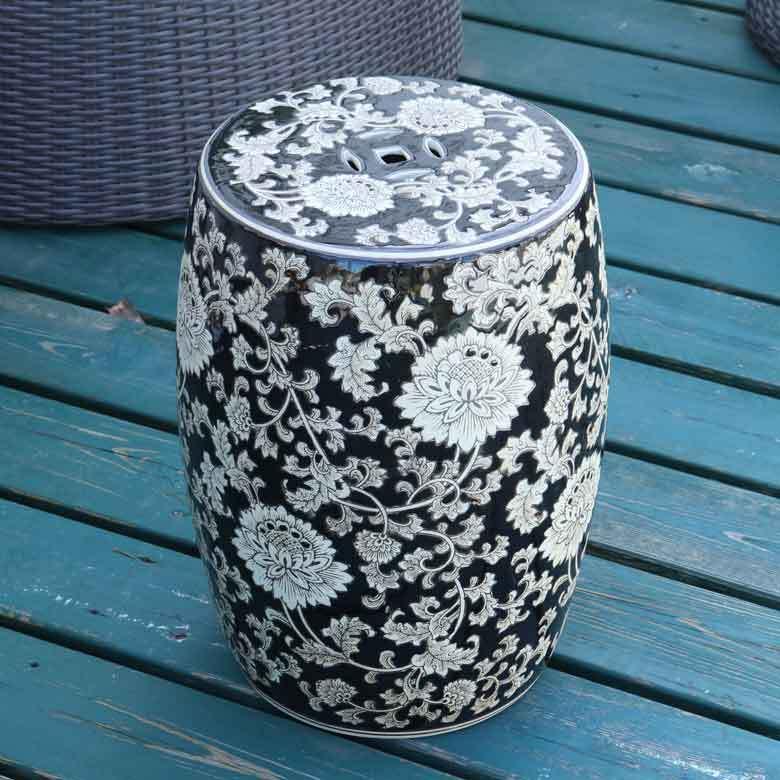 スツール 陶器 花台 洋蓮黒 花柄 台 プランター置き 椅子 イス