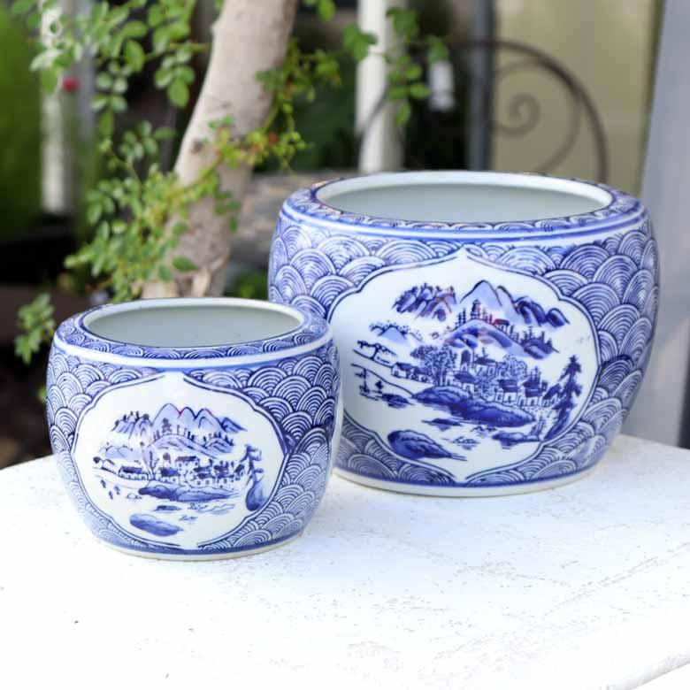 【陶磁器製】火鉢　金魚鉢　メダカ鉢　藍染　【屋内用】 水鉢 陶器 山水 5号 ミニ火鉢 鉢カバー プランターカバー プランター