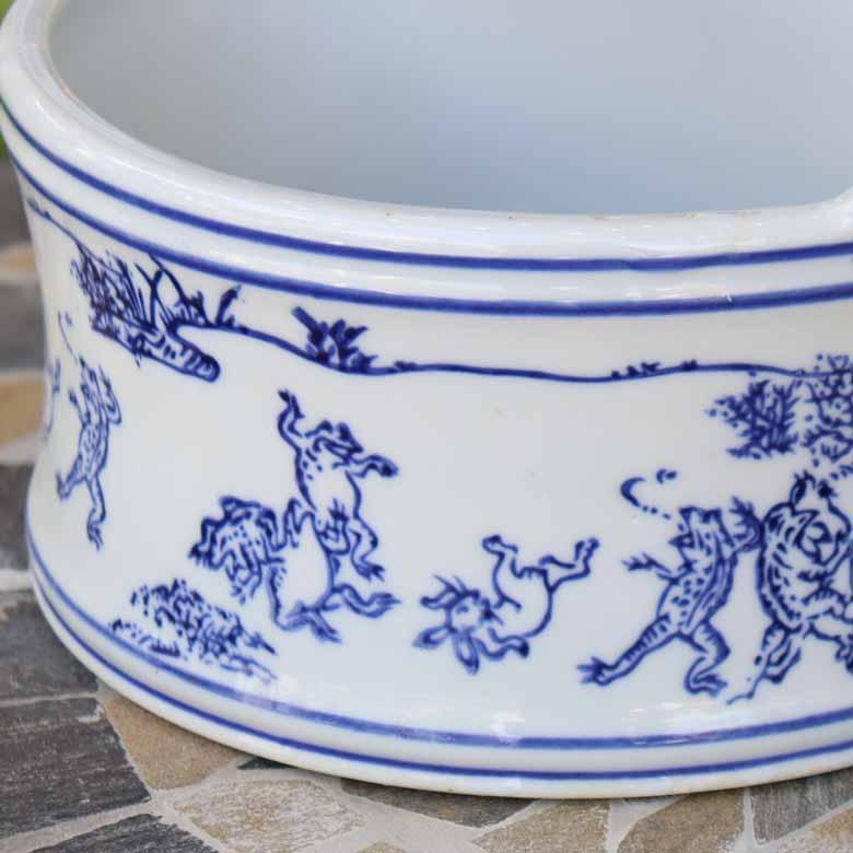 水鉢 鳥獣戯画 陶器 手桶 鉢カバー プランターカバー 睡蓮鉢 底穴なし