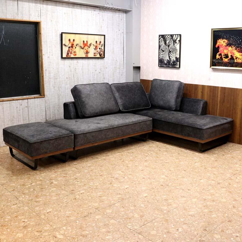 カウチソファ コーナーソファ L型 スムーステック ベルベット ゆったり