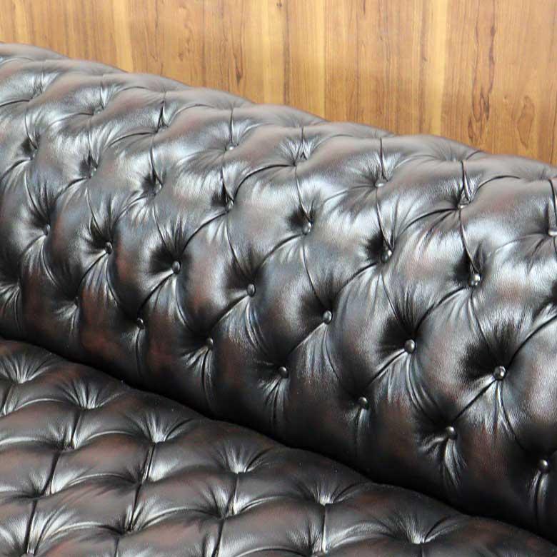 総革張りソファー チェスターフィールド 3人掛け ブラウン 三人