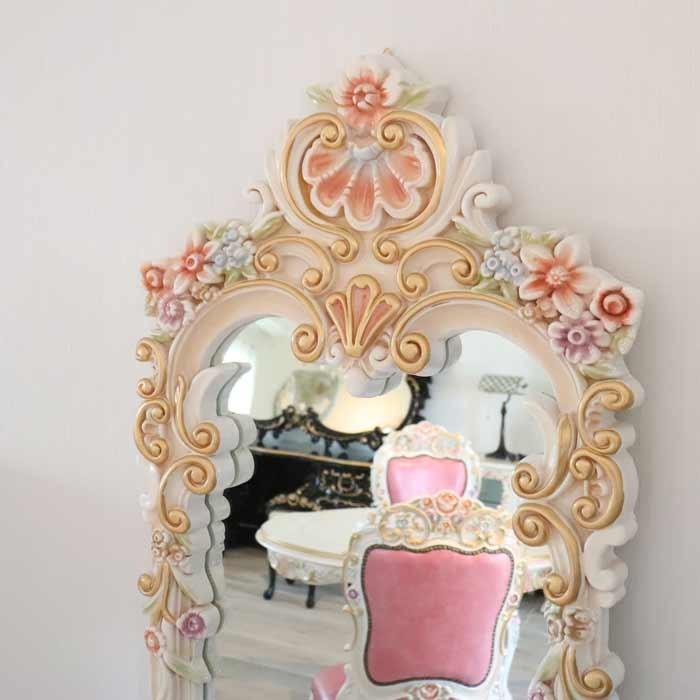 ロココ調 ミラー 姿見 スタンドミラー クラック仕上げ 白家具