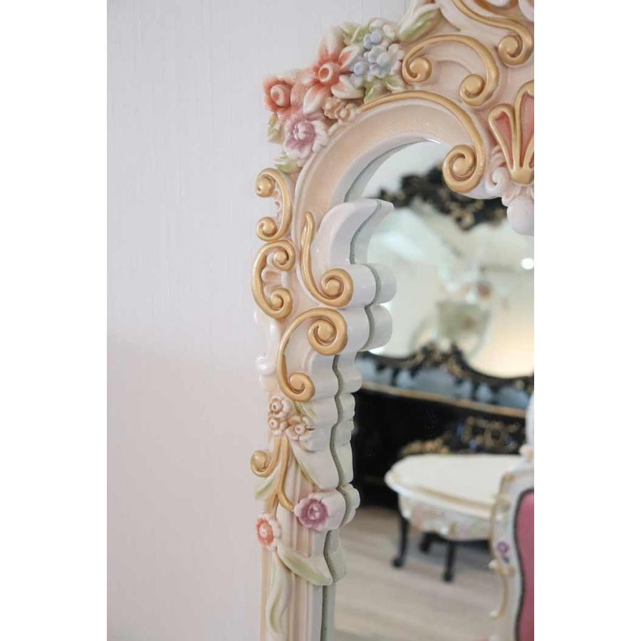 ロココ調 ミラー 姿見 スタンドミラー クラック仕上げ 白家具