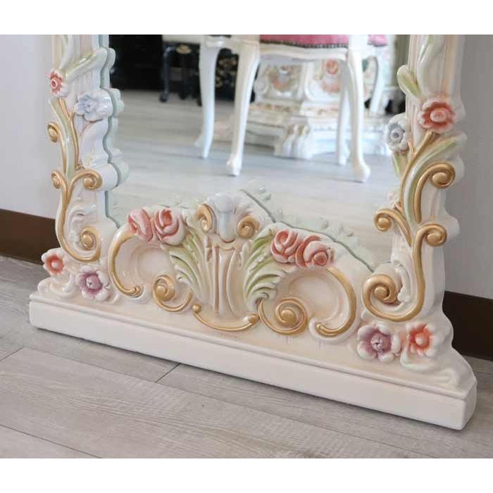 ロココ調 ミラー 姿見 スタンドミラー クラック仕上げ 白家具