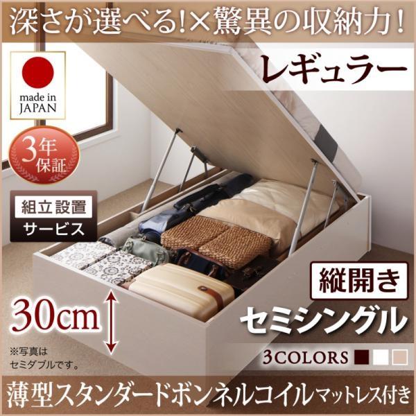 組立設置付 セミシングルベッド 跳ね上げ式ベッド マットレス付き 薄型スタンダードボンネルコイル 縦開き・深さレギュラー セミシングル