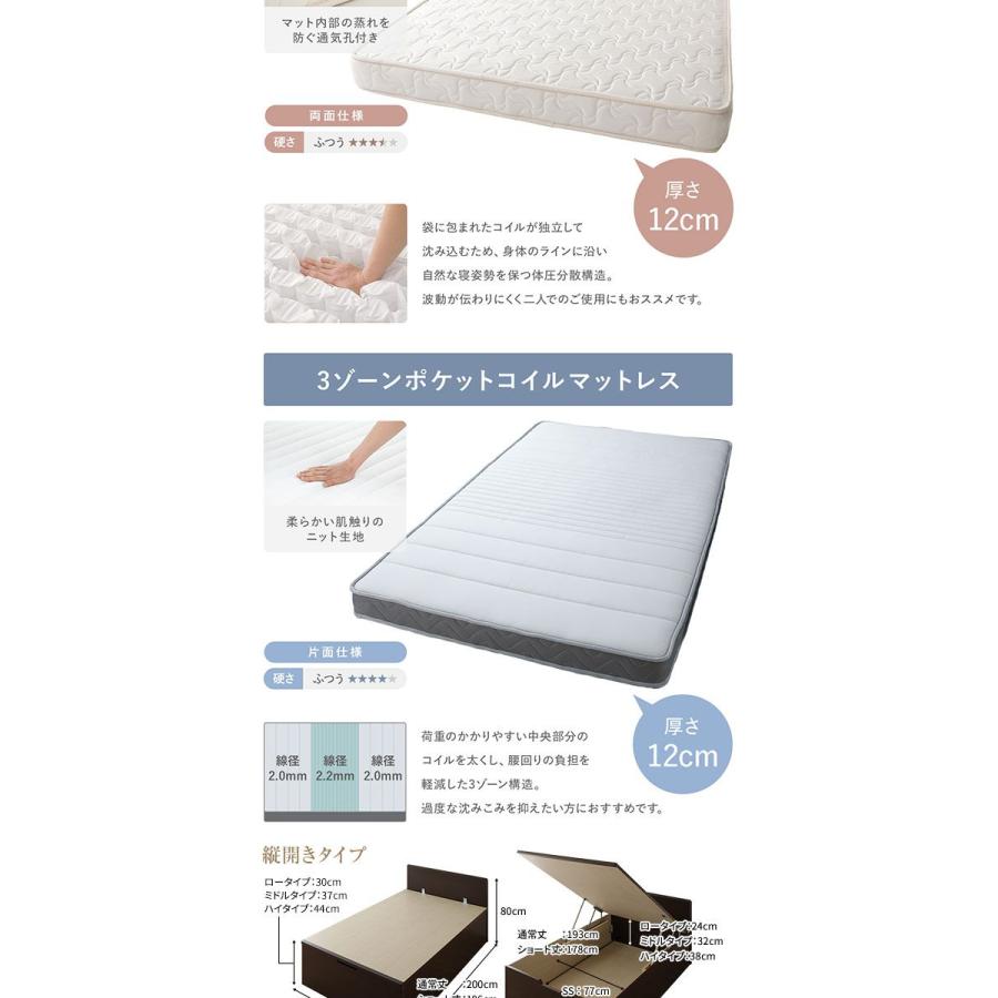 跳ね上げ収納ベッド ショート丈セミシングル マットレス付き 日本製薄型ポケットコイル 縦開き/深さ37cmミドルタイプ フラットヘッド 組立設置付き_9