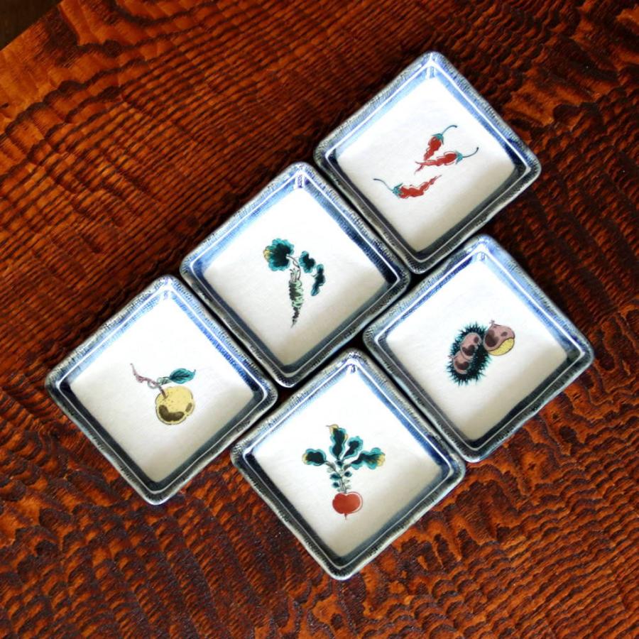 九谷焼 美山窯角小皿揃（5枚セット）野菜絵変わり 31-061 : 北山堂