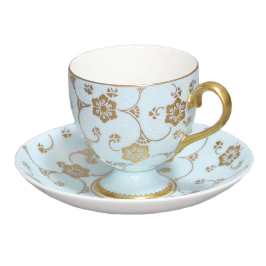 仲田錦玉 九谷焼コーヒー碗皿（カップ＆ソーサー）渦打白粒盛金宝相華唐草 青地
