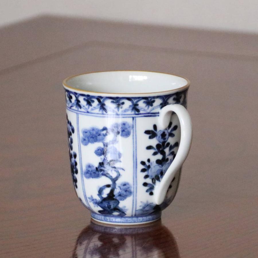 定番スタイル山本長左九谷焼マグカップ 青華吉祥樹花紋 食器、グラス