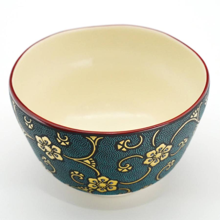 仲田錦玉作 渦打 青粒 唐草文 利休和歌写 抹茶碗 管理K357 共箱 茶道具 九谷焼 仲田錦玉 九谷焼抹茶碗 渦打青粒盛金宝相華唐草 山道