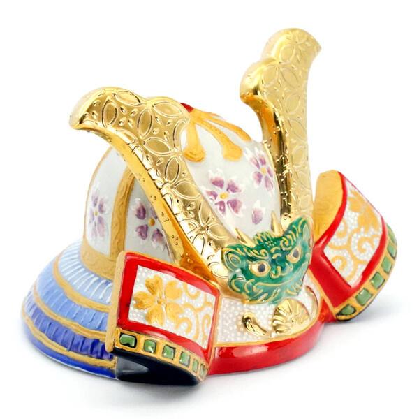 九谷焼 九谷焼五月人形 長峰5号兜 上等金彩盛A（兜鉢 白地に桜