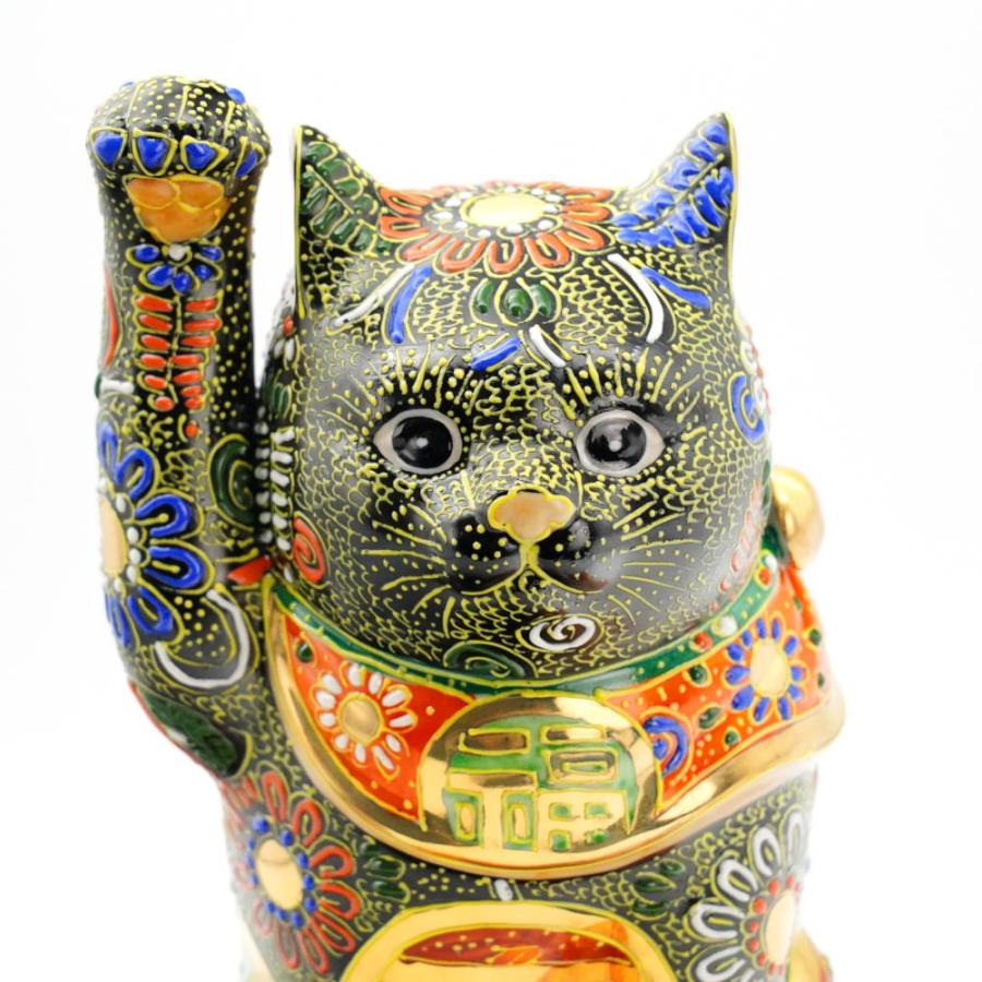 九谷焼招き猫（右手金運招き猫）7号黒盛宝船（布団付 