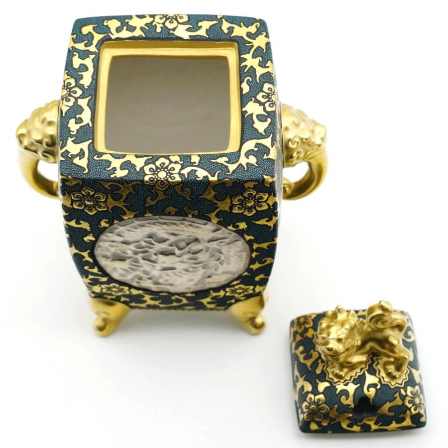 九谷焼 仲田錦玉 九谷焼角香炉 渦打青粒盛金宝相華太唐草 龍鳳凰