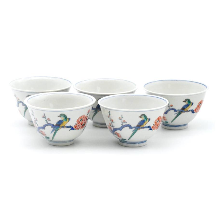 3F 九谷焼 金彩 色絵 梅に鳥 汲出揃 茶器 カップ＆ソーサー 5客セット 九谷焼 三ツ井為吉 九谷焼汲出揃（湯呑み5個セット）色絵梅に鳥 : 北山