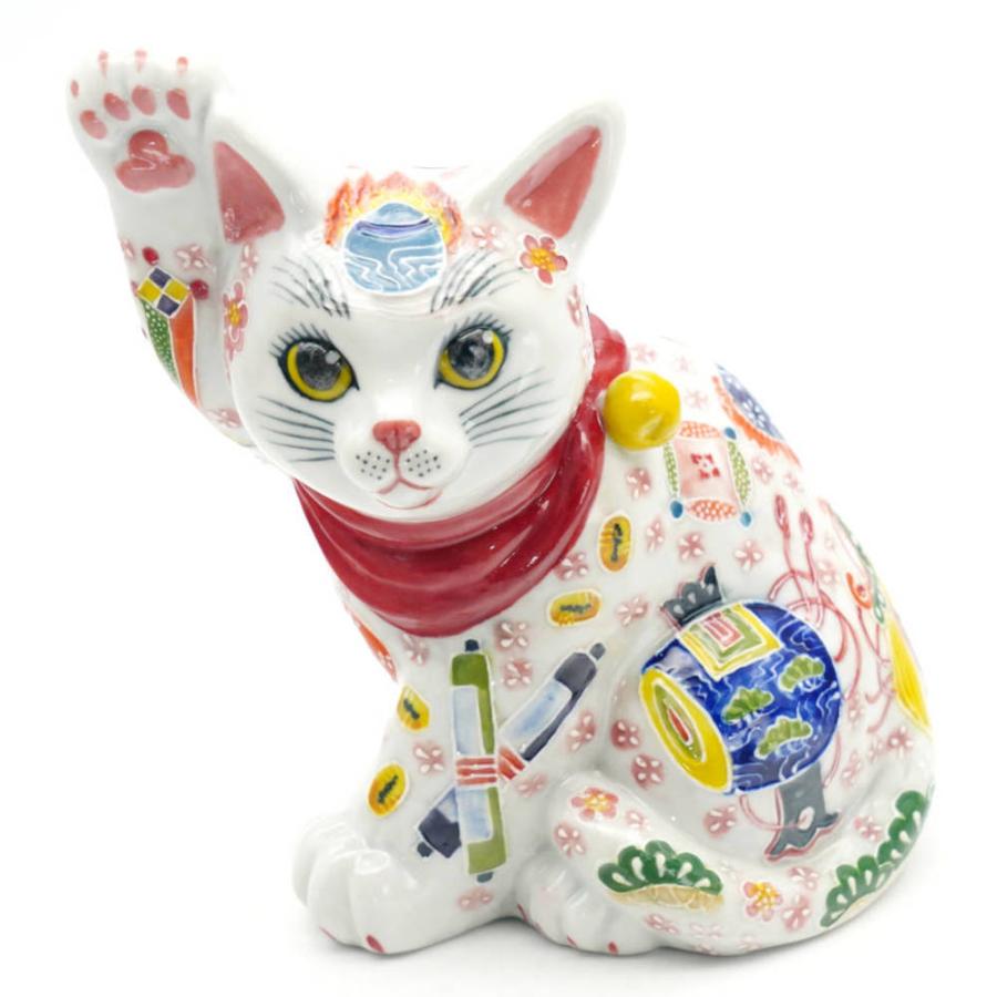 九谷焼 下野邦子 九谷焼招き猫（右手金運招き猫）5.5号横座り 宝尽くし