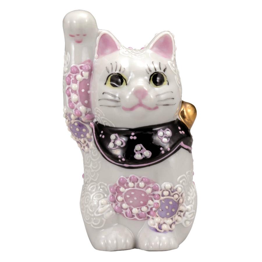 九谷焼　右手招き猫花むらさき 九谷焼 3.2号招き猫（右手金運招き猫）花むらさきK9-1526 : 北山堂