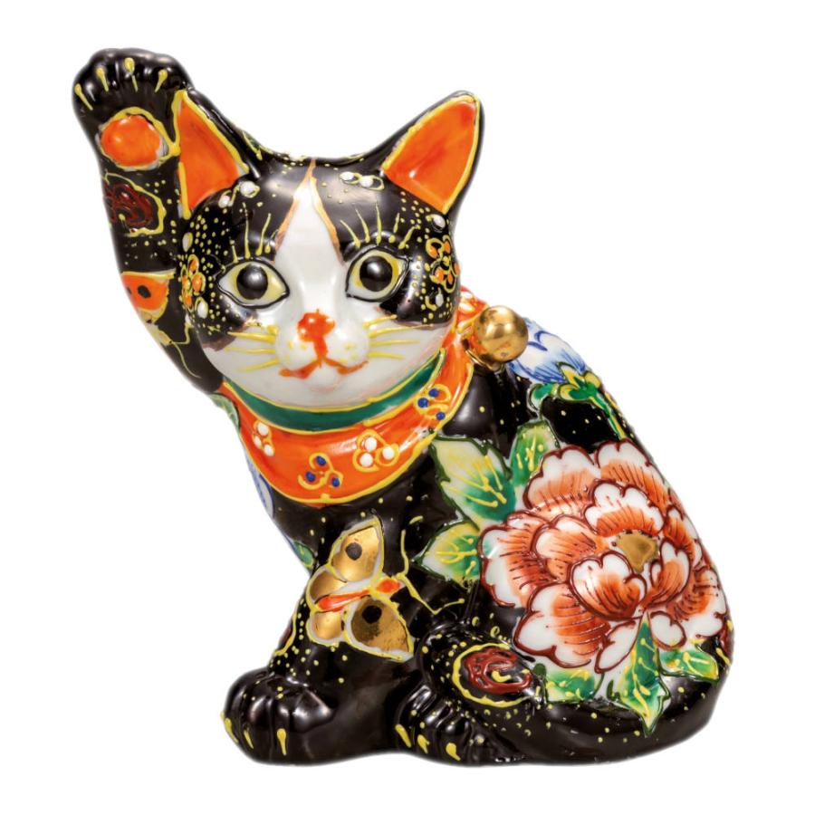 九谷焼 5.5号招き猫（右手金運招き猫）黒盛花と蝶 横座りK9-1641