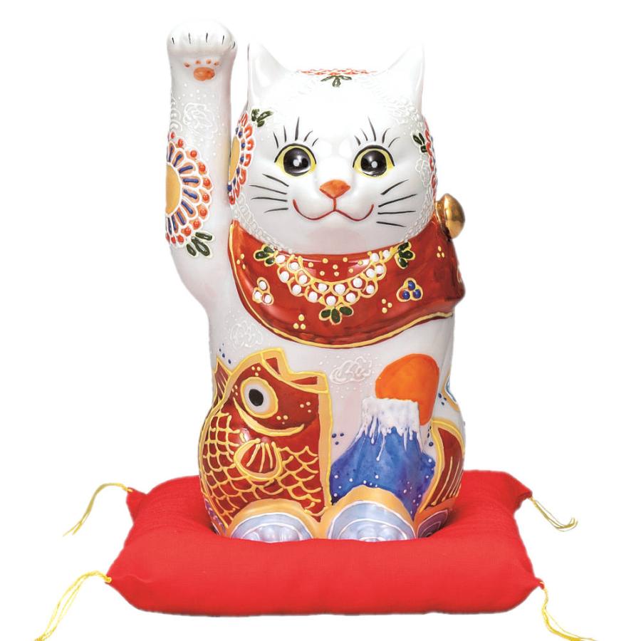 九谷焼 7号招き猫（右手金運招き猫）祝鯛（布団付）K9-1652 : 北山堂