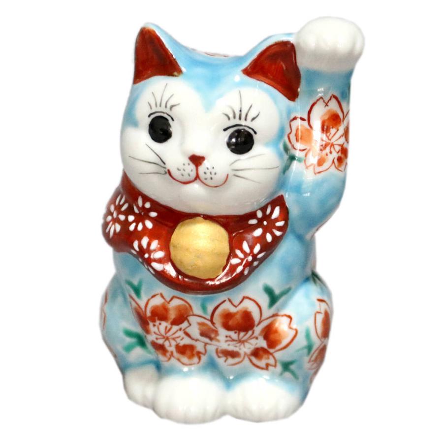 九谷焼 3.3号招き猫（左手人お客招き猫）トルコ青釉桜 : maneki-3168 