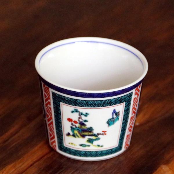 九谷焼 青郊窯猪口（そば猪口）古九谷木瓜ちらし山水図MCF-04 : 北山堂