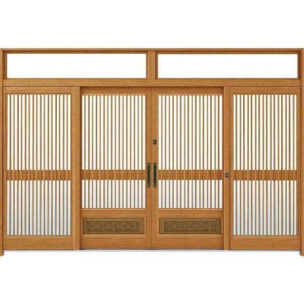 YKKAP玄関 玄関引戸 れん樹[伝統和風] 12尺引分け戸[ランマ付] A04[木目柄]：単板ガラス[幅3510mm×高2330mm]　ykk　YKK玄関引き戸　引き戸　れんじゅ