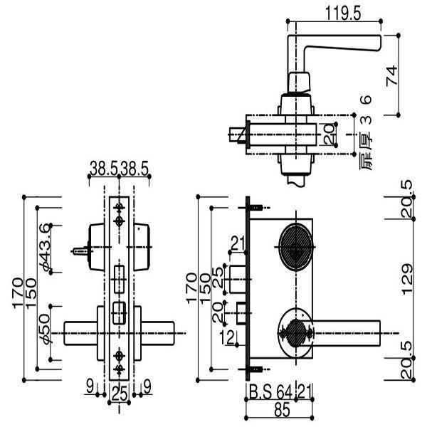 YKKAP交換用部品 堀込型レバーハンドル錠(HH-3K-11797)