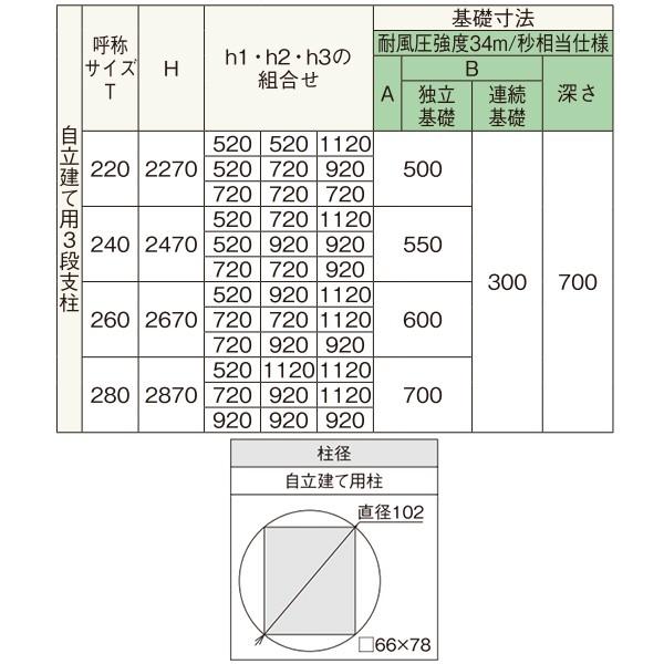 多段支柱(自由柱用) ルシアスH01〜04型、H07〜09型用 自立建て用：3段支柱 34m／秒相当仕様 控え柱なし 木目色[高2470mm]の画像