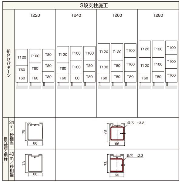 多段支柱(自由柱用) ルシアスH01〜04型、H07〜09型用 自立建て用：3段支柱 34m／秒相当仕様 控え柱なし アルミ色[高2670mm]の画像